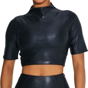 Naked Wardrobe Mock Neck Faux Leather Crop Top Size small